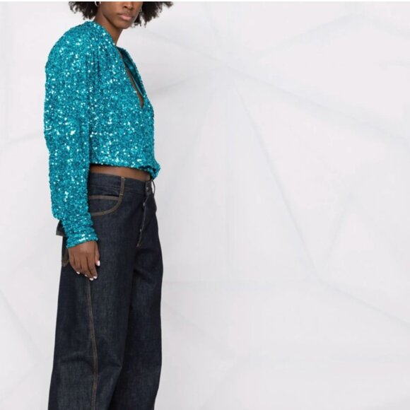 ROTATE BIRGER CHRISTENSEN Aurelia Sequin Embellished blouse 10 Teal Cropped - Picture 5 of 13